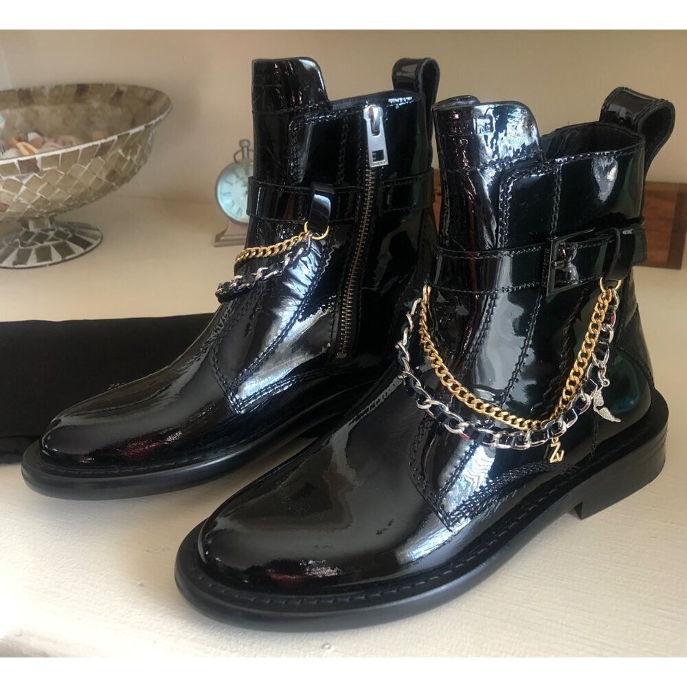 ZADIG & VOLTAIRE New Laureen Patent Leather Chain Boots Size 36 / US 5 - Picture 8 of 12